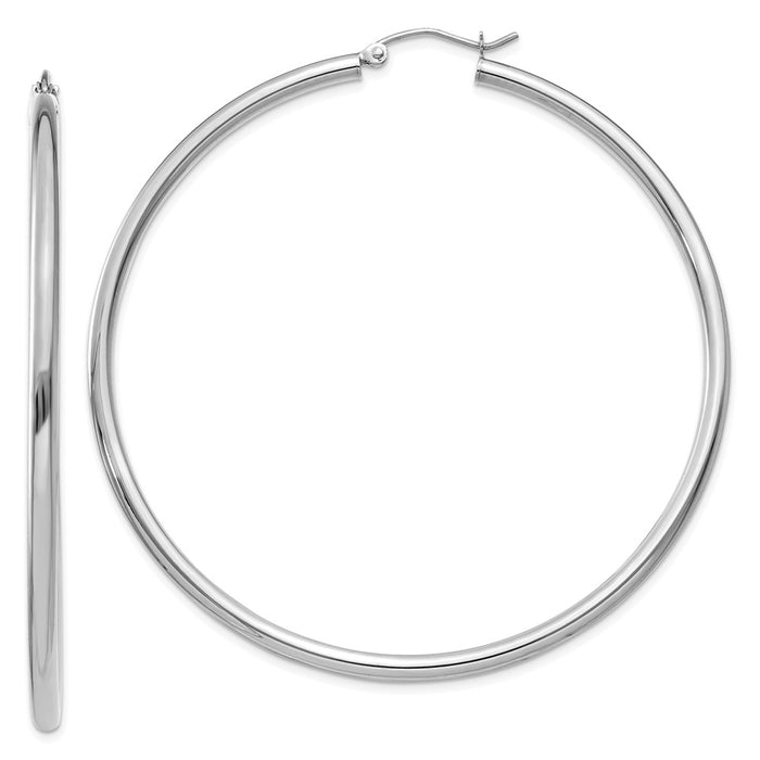 Million Charms 14K White Gold Polished 2.5mm Lightweight Tube Hoop Earrings, 60mm x 2.5mm