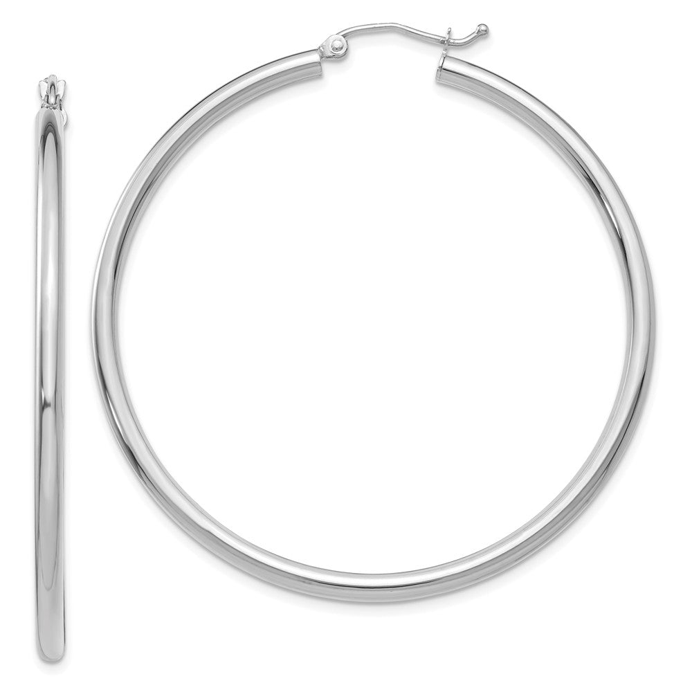Million Charms 14K White Gold Polished 2.5mm Lightweight Tube Hoop Earrings, 50mm x 2.5mm