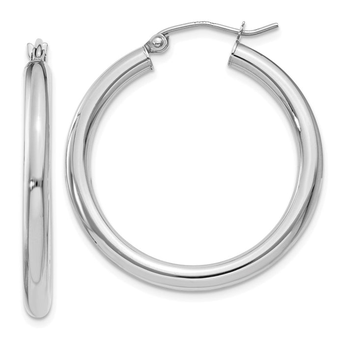 Million Charms 14K White Gold Polished 3mm Lightweight Tube Hoop Earrings, 30mm x 3mm