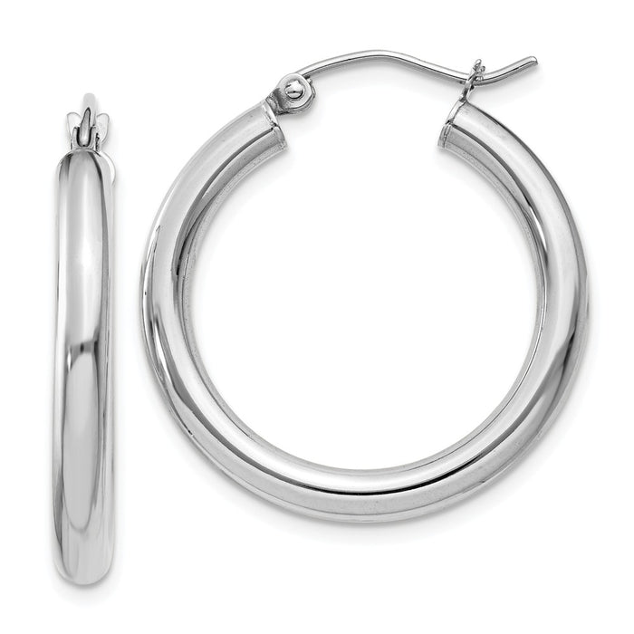 Million Charms 14K White Gold Polished 3mm Lightweight Tube Hoop Earrings, 25mm x 3mm