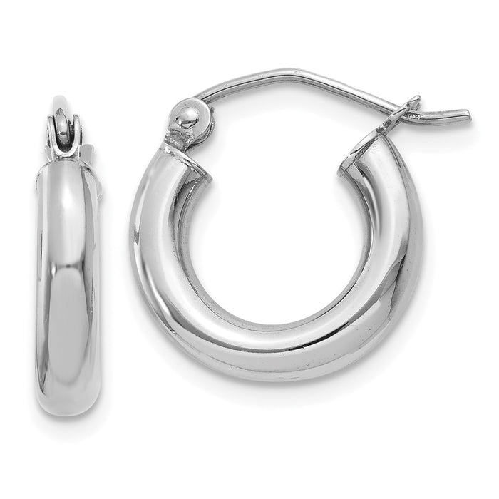 Million Charms 14K White Gold Polished 3mm Lightweight Tube Hoop Earrings, 14mm x 3mm