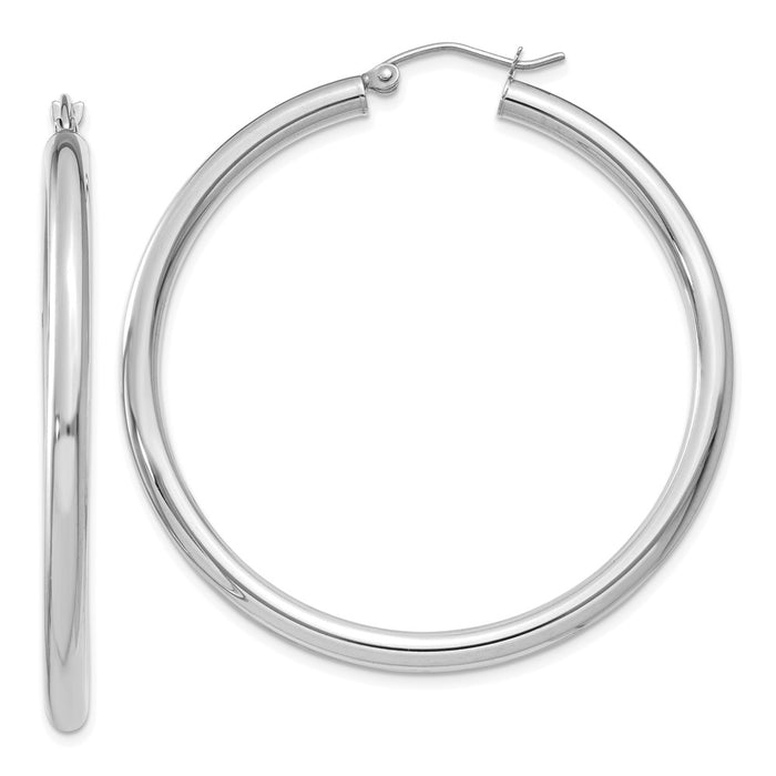 Million Charms 14K White Gold Polished 3mm Lightweight Tube Hoop Earrings, 45mm x 3mm