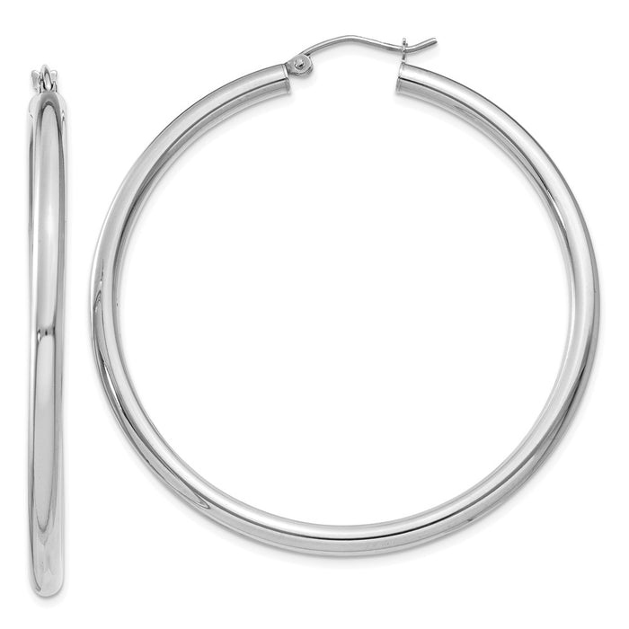 Million Charms 14K White Gold Polished 3mm Lightweight Tube Hoop Earrings, 50mm x 3mm