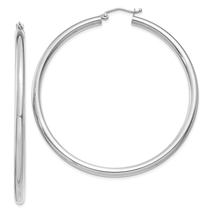 Million Charms 14K White Gold Polished 3mm Lightweight Tube Hoop Earrings, 55mm x 3mm