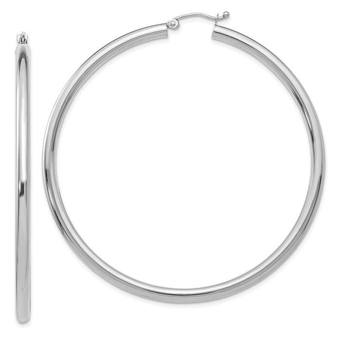 Million Charms 14K White Gold Polished 3mm Lightweight Tube Hoop Earrings, 60mm x 3mm