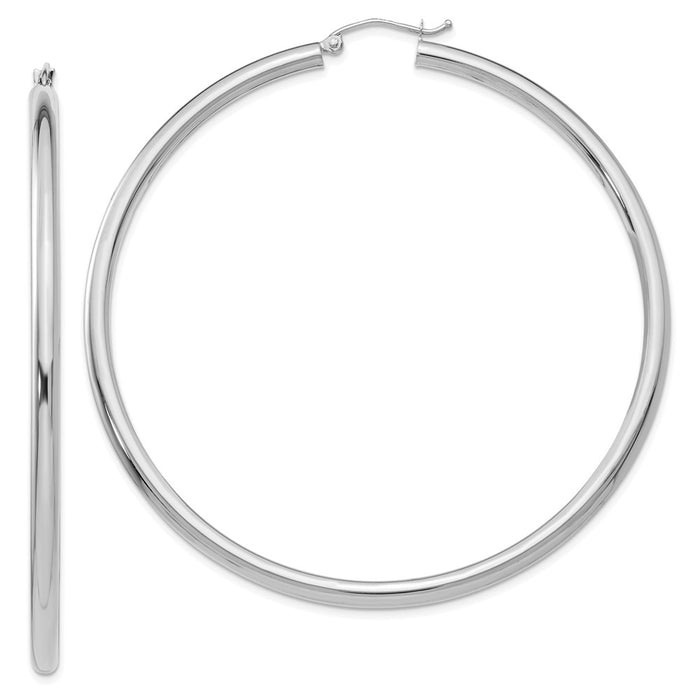 Million Charms 14K White Gold Polished 3mm Lightweight Tube Hoop Earrings, 65mm x 3mm