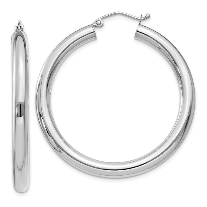 Million Charms 14K White Gold Polished 4mm Lightweight Tube Hoop Earrings, 40mm x 4mm