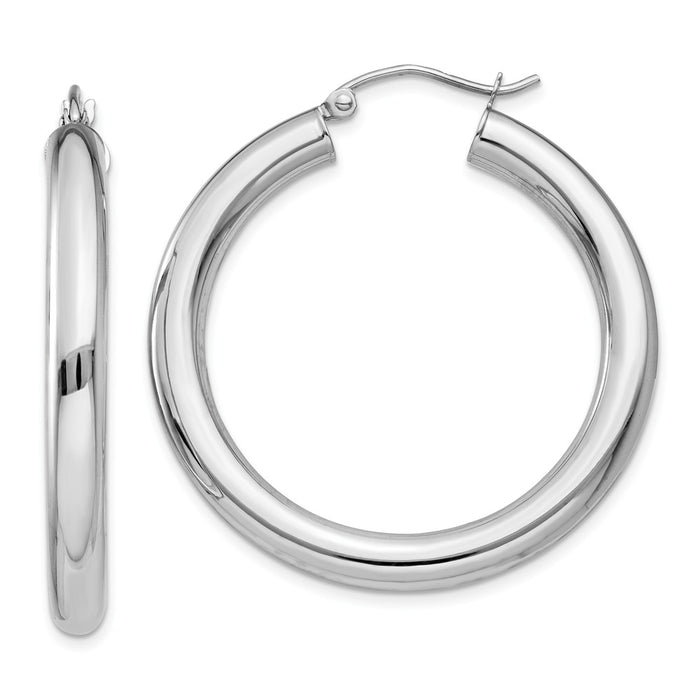 Million Charms 14K White Gold Polished 4mm Lightweight Tube Hoop Earrings, 35mm x 4mm