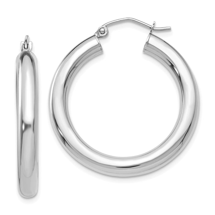 Million Charms 14K White Gold Polished 4mm Lightweight Tube Hoop Earrings, 30mm x 4mm