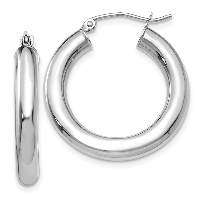 Million Charms 14K White Gold Polished 4mm Lightweight Tube Hoop Earrings, 25mm x 4mm