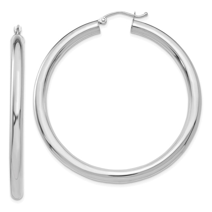 Million Charms 14K White Gold Polished 4mm Lightweight Tube Hoop Earrings, 50mm x 4mm