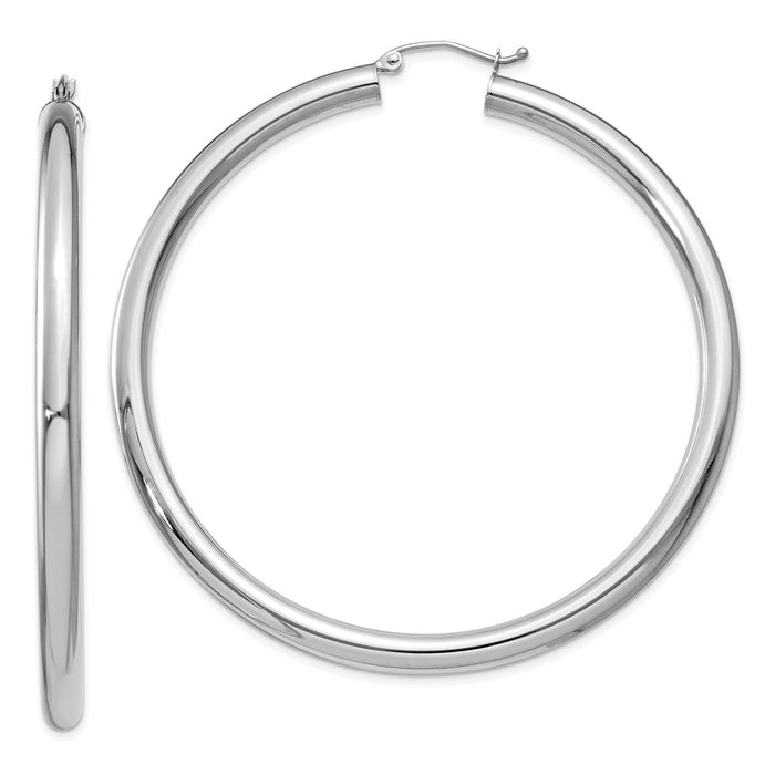 Million Charms 14K White Gold Polished 4mm Lightweight Tube Hoop Earrings, 60mm x 4mm