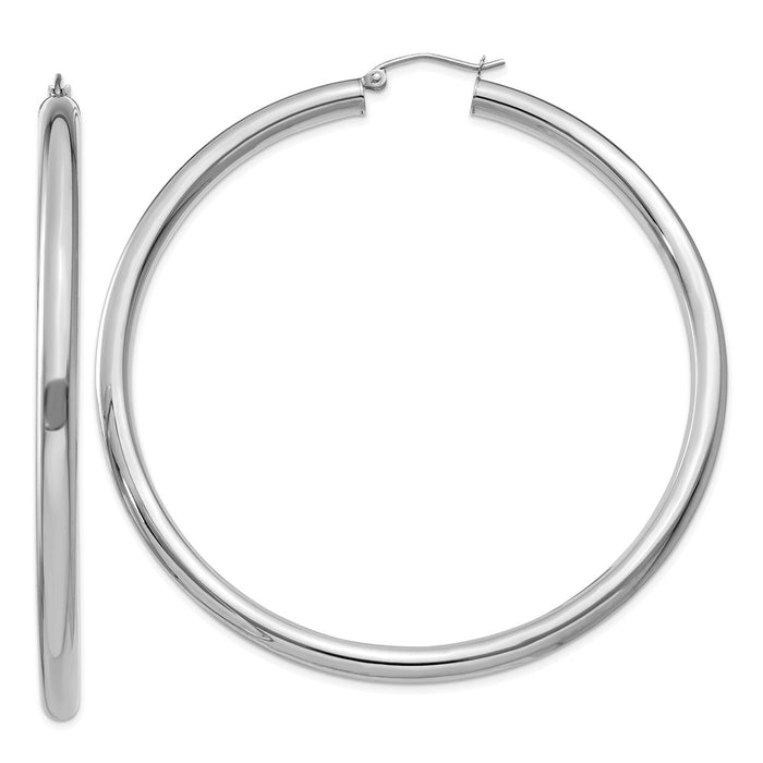 Million Charms 14K White Gold Polished 4mm Lightweight Tube Hoop Earrings, 65mm x 4mm