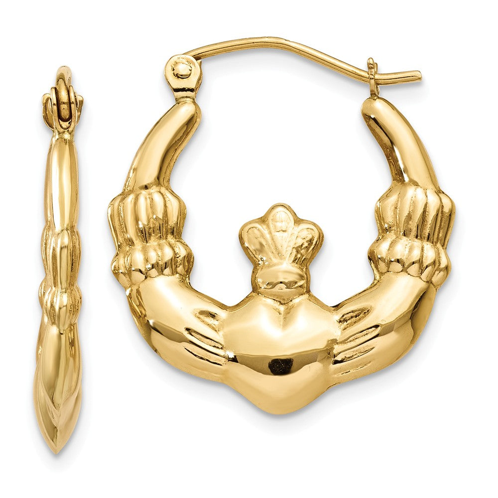 Million Charms 14k Yellow Gold Polished Claddagh Hoop Earrings, 13mm x 3mm