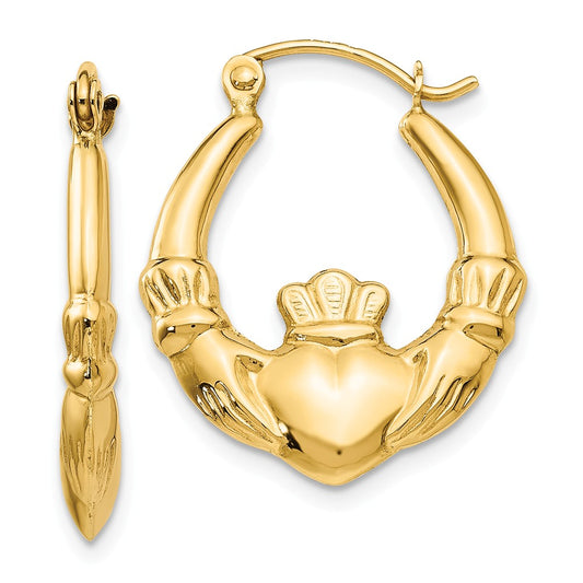 Million Charms 14k Yellow Gold Polished Claddagh Hoop Earrings, 12mm x 3mm