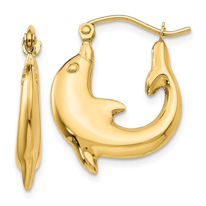 Million Charms 14k Yellow Gold Polished Dolphin Hoop Earrings, 10mm x 3mm