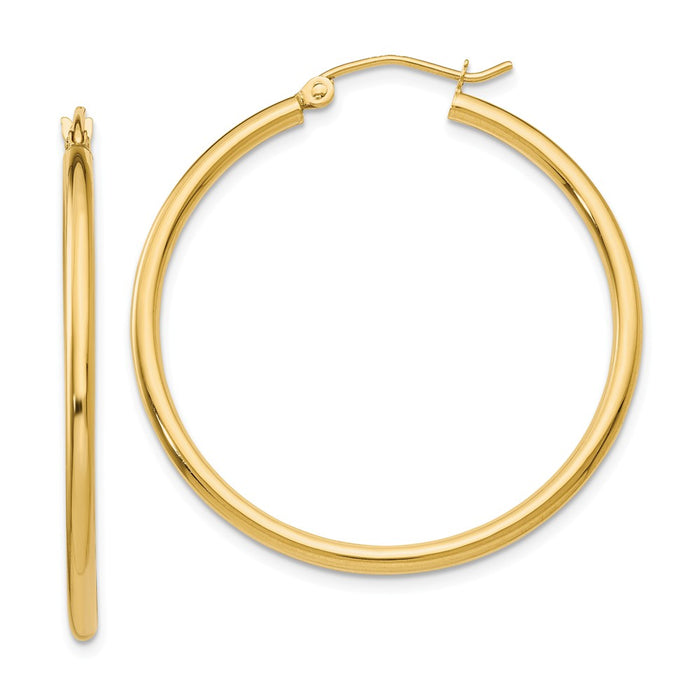 Million Charms 14k Yellow Gold Polished 2mm Lightweight Tube Hoop Earrings, 35mm x 2mm