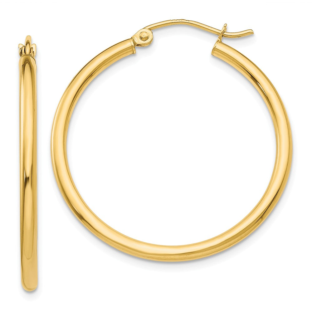 Million Charms 14k Yellow Gold Polished 2mm Lightweight Tube Hoop Earrings, 30mm x 2mm