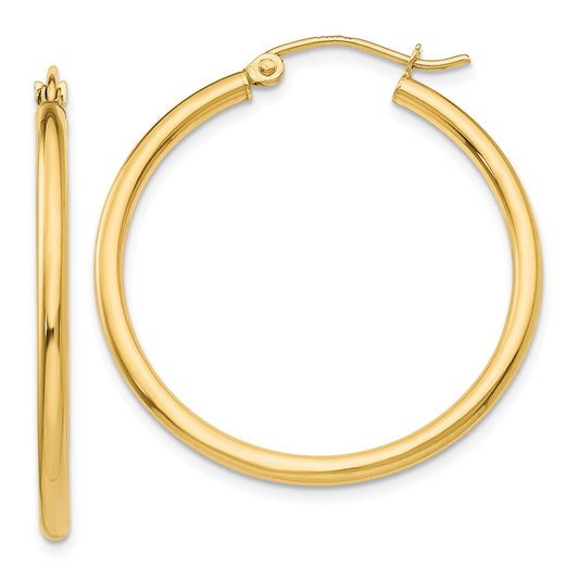 Million Charms 14k Yellow Gold Polished 2mm Lightweight Tube Hoop Earrings, 30mm x 2mm