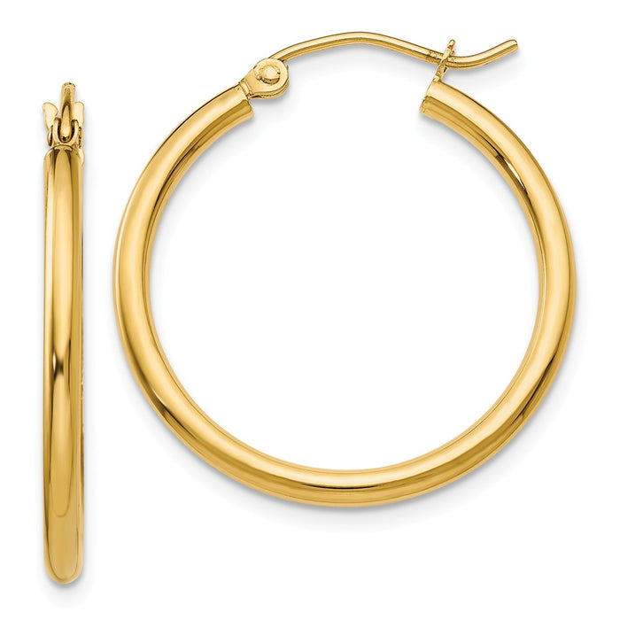 Million Charms 14k Yellow Gold Polished 2mm Tube Hoop Earrings, 25mm x 2mm