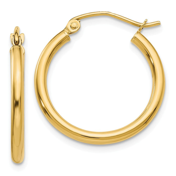 Million Charms 14k Yellow Gold Polished 2mm Lightweight Tube Hoop Earrings, 20mm x 2mm