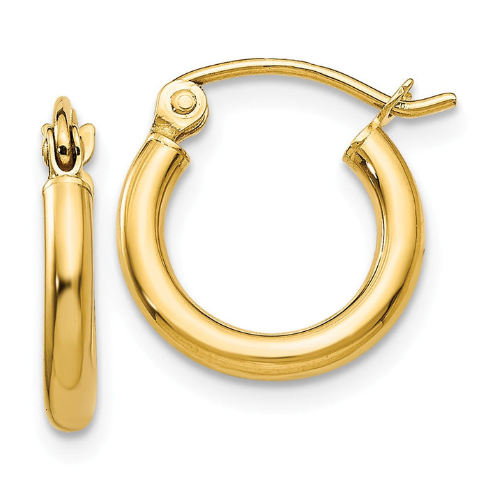 Million Charms 14k Yellow Gold Polished 2mm Lightweight Tube Hoop Earrings, 13mm x 2mm