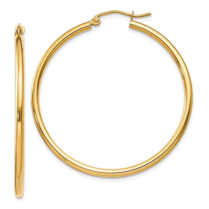 Million Charms 14k Yellow Gold Polished 2mm Lightweight Tube Hoop Earrings, 40mm x 2mm