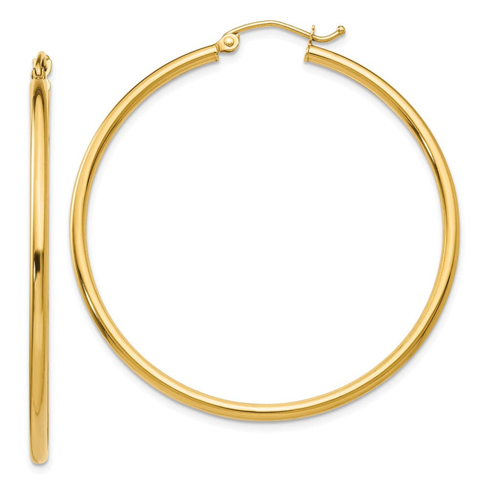 Million Charms 14k Yellow Gold Polished 2mm Lightweight Tube Hoop Earrings, 45mm x 2mm