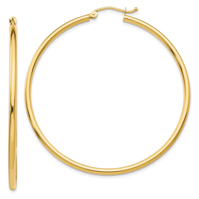 Million Charms 14k Yellow Gold Polished 2mm Lightweight Tube Hoop Earrings, 50mm x 2mm