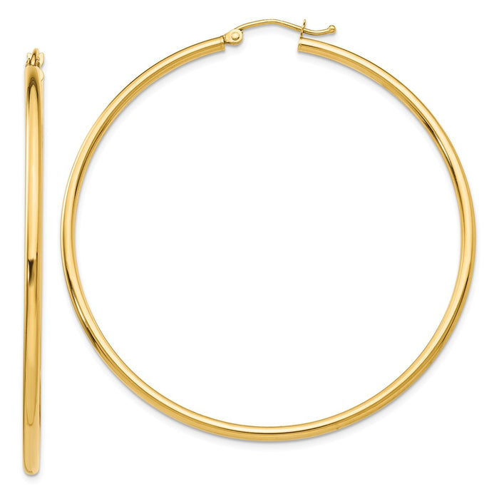 Million Charms 10k Yellow Gold Polished 2mm Tube Hoop Earrings, 50mm x 2mm