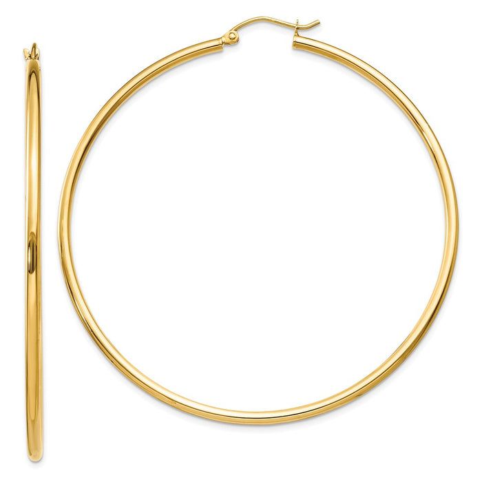 Million Charms 14k Yellow Gold Polished 2mm Lightweight Tube Hoop Earrings, 60mm x 2mm