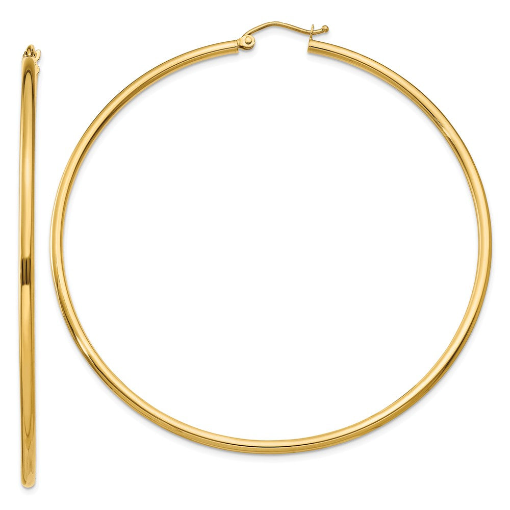 Million Charms 14k Yellow Gold Polished 2mm Lightweight Tube Hoop Earrings, 65mm x 2mm