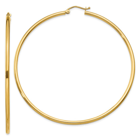 Million Charms 14k Yellow Gold Polished 2mm Lightweight Tube Hoop Earrings, 65mm x 2mm