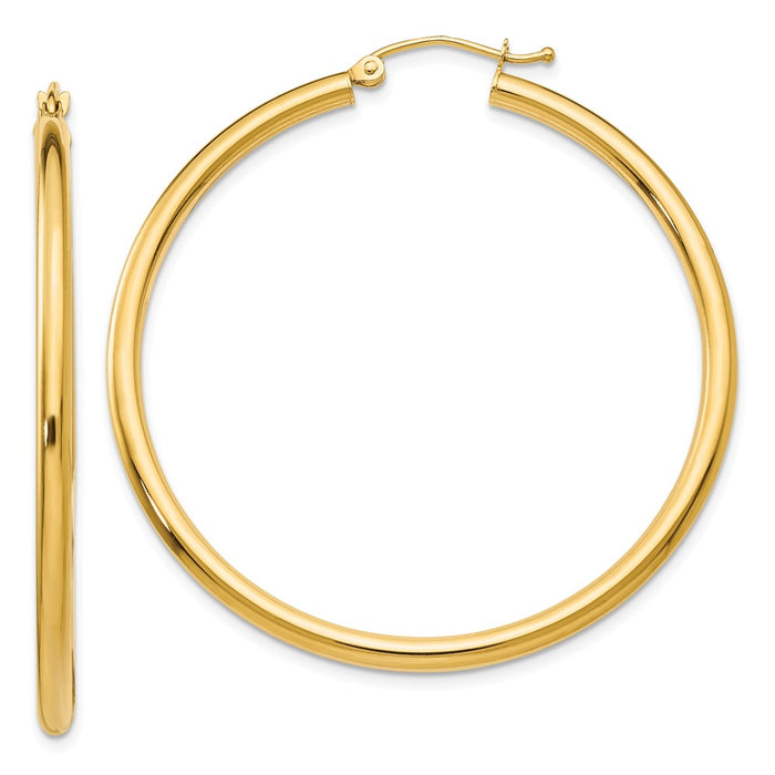 Million Charms 14k Yellow Gold Polished 2.5mm Lightweight Tube Hoop Earrings, 45mm x 2.5mm