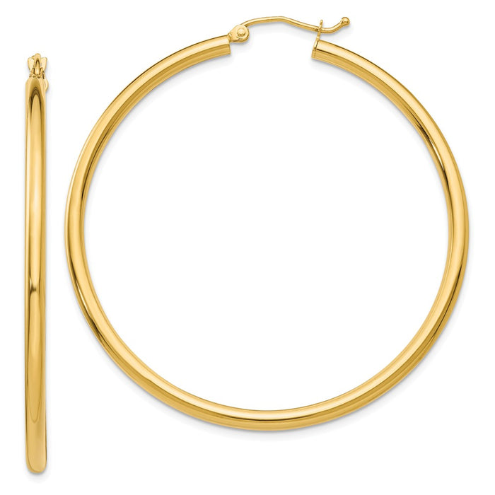 Million Charms 14k Yellow Gold Polished 2.5mm Lightweight Tube Hoop Earrings, 50mm x 2.5mm