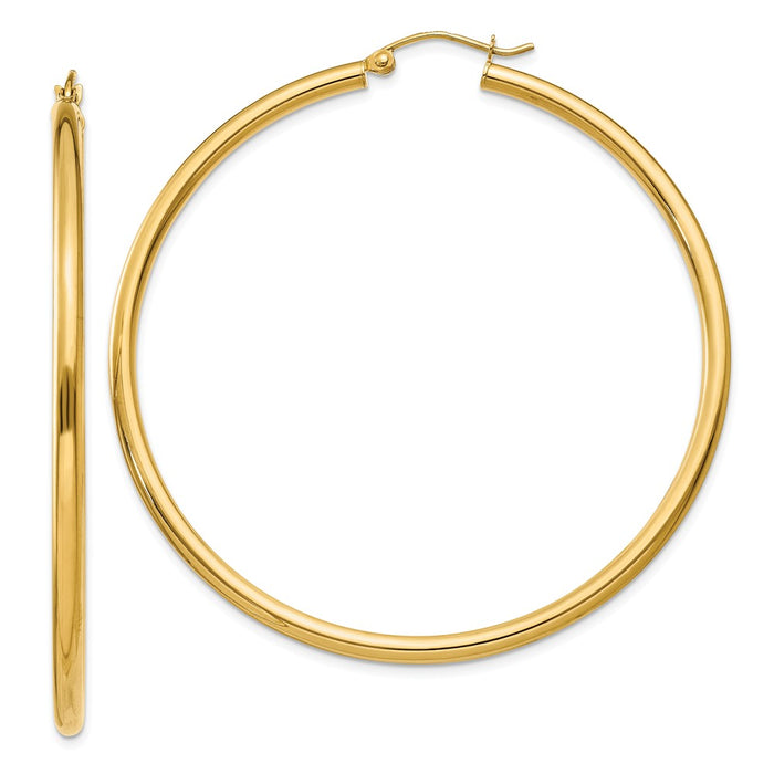 Million Charms 10k Yellow Gold Polished 2.5mm Tube Hoop Earrings, 50mm x 2.5mm