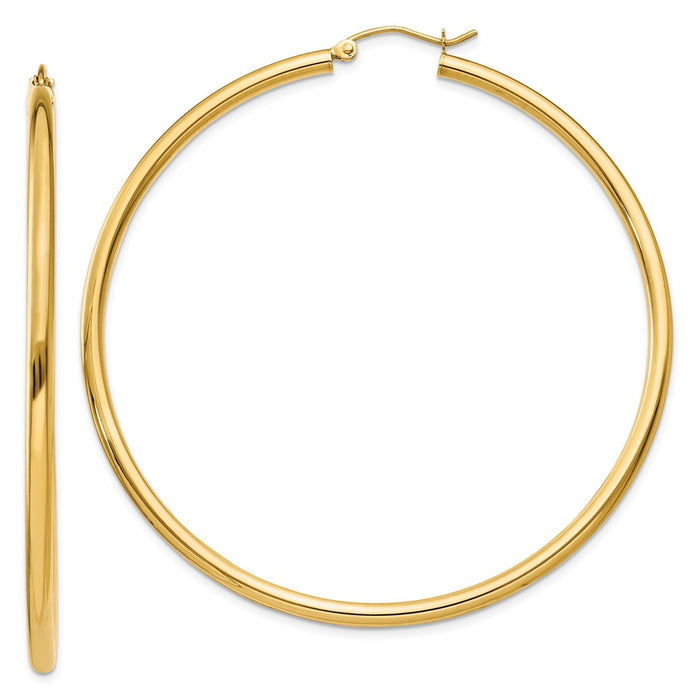 Million Charms 14k Yellow Gold Polished 2.5mm Lightweight Tube Hoop Earrings, 60mm x 2.5mm
