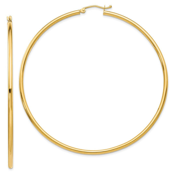 Million Charms 14k Yellow Gold Polished 2.5mm Tube Hoop Earrings, 65mm x 2.5mm