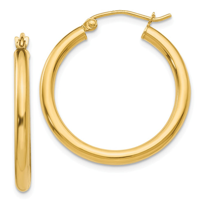 Million Charms 14k Yellow Gold Polished 2.5mm Tube Hoop Earrings, 25mm x 2.5mm