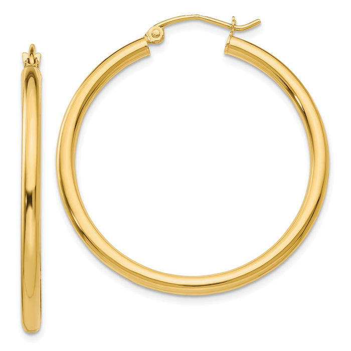 Million Charms 14k Yellow Gold Polished 2.5mm Tube Hoop Earrings, 35mm x 2.5mm