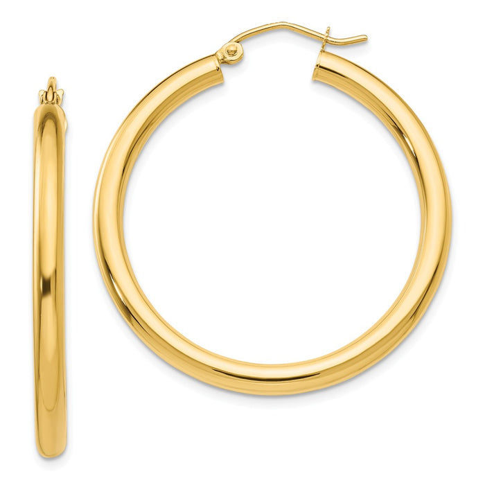 Million Charms 10k Yellow Gold Polished 3mm Tube Hoop Earrings, 30mm x 3mm