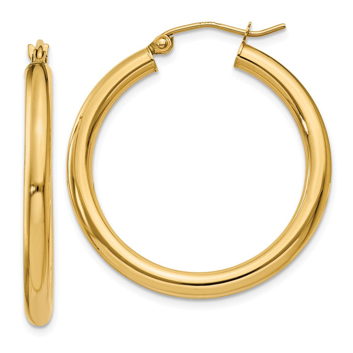 Million Charms 14k Yellow Gold Polished 3mm Lightweight Tube Hoop Earrings, 30mm x 3mm
