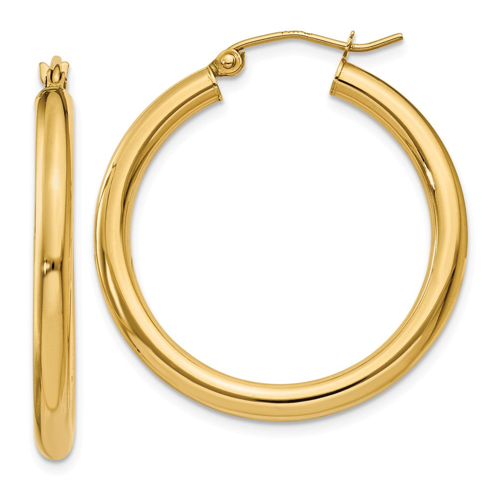 Million Charms 14k Yellow Gold Polished 3mm Tube Hoop Earrings, 30mm x 3mm