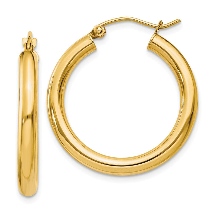 Million Charms 14k Yellow Gold Polished 3mm Tube Hoop Earrings, 25mm x 3mm