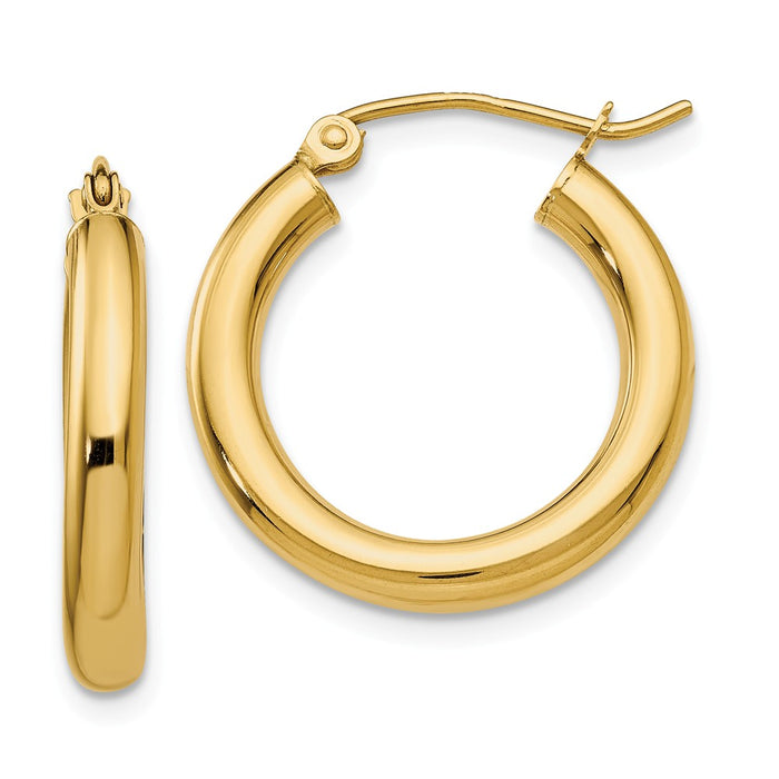 Million Charms 14k Yellow Gold Polished 3mm Lightweight Tube Hoop Earrings, 20mm x 3mm
