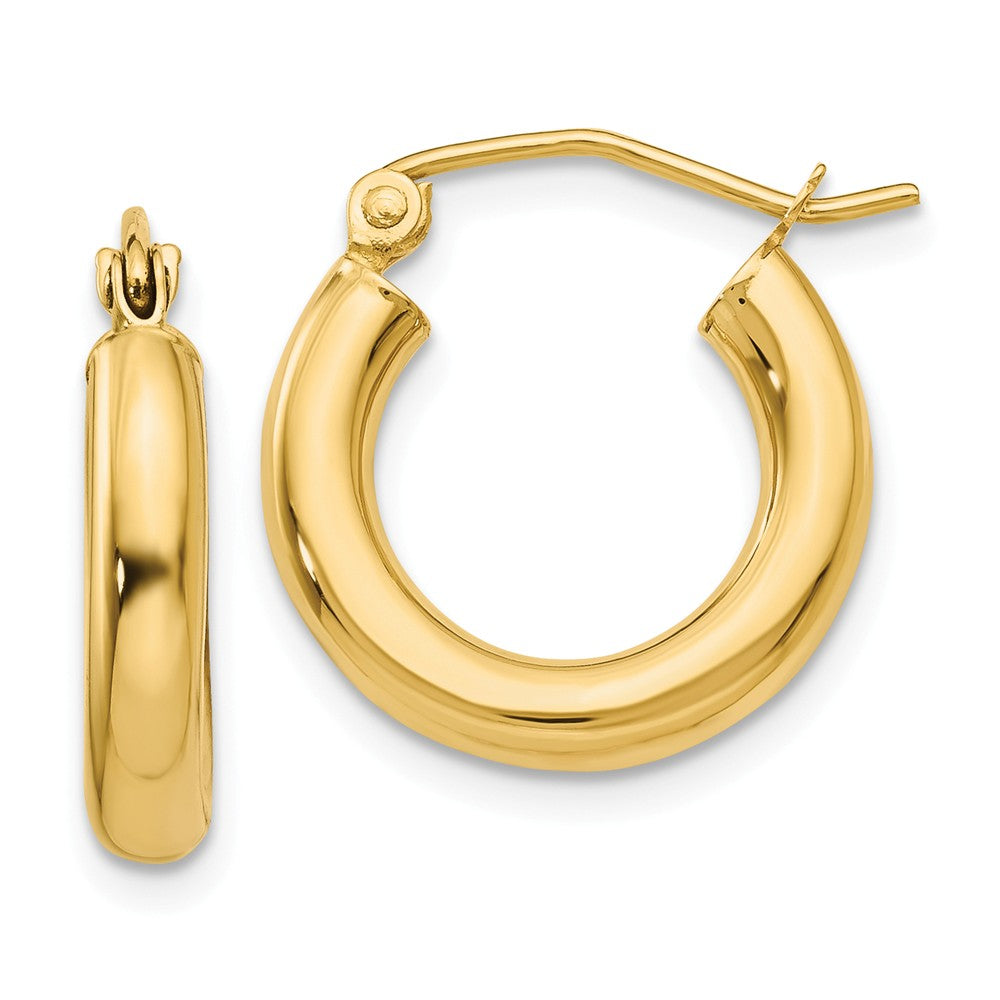 Million Charms 14k Yellow Gold Polished 3mm Tube Hoop Earrings, 15mm x 3mm