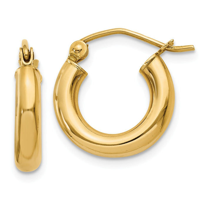 Million Charms 14k Yellow Gold Polished 3mm Lightweight Tube Hoop Earrings, 14mm x 3mm