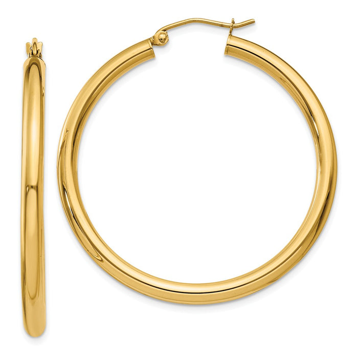 Million Charms 10k Yellow Gold Polished 3mm Tube Hoop Earrings, 35mm x 3mm