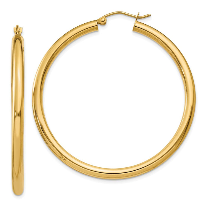 Million Charms 14k Yellow Gold Polished 3mm Tube Hoop Earrings, 45mm x 3mm