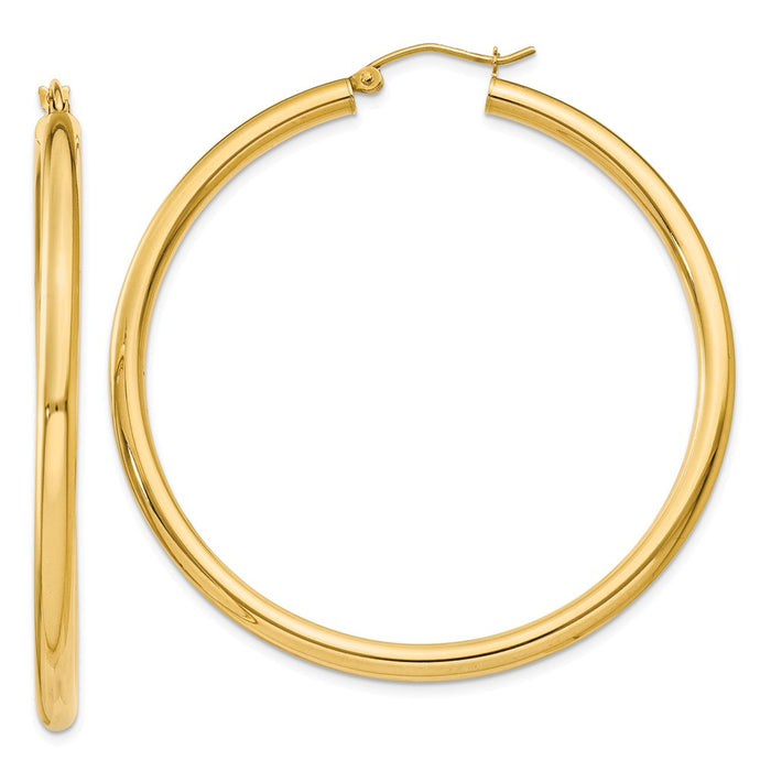 Million Charms 14k Yellow Gold Polished 3mm Tube Hoop Earrings, 50mm x 3mm